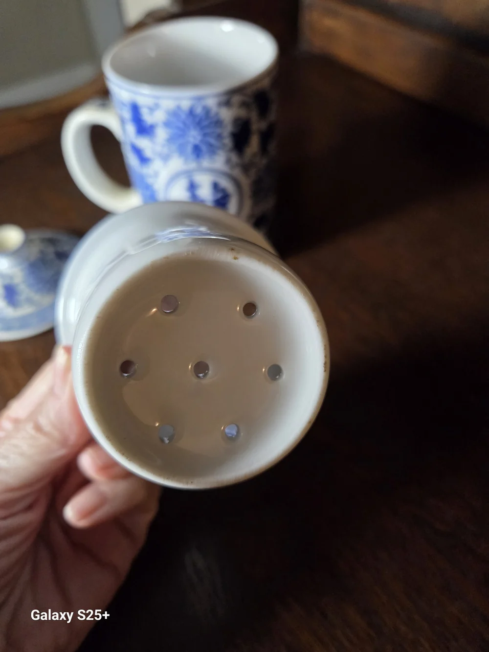 Pier 1 Blue and White Porcelain Lidded Mug